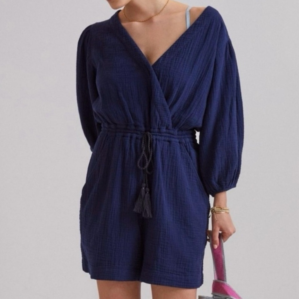 Anthropologie Celia Navy Blue Gauze Romper Medium Puff Sleeve